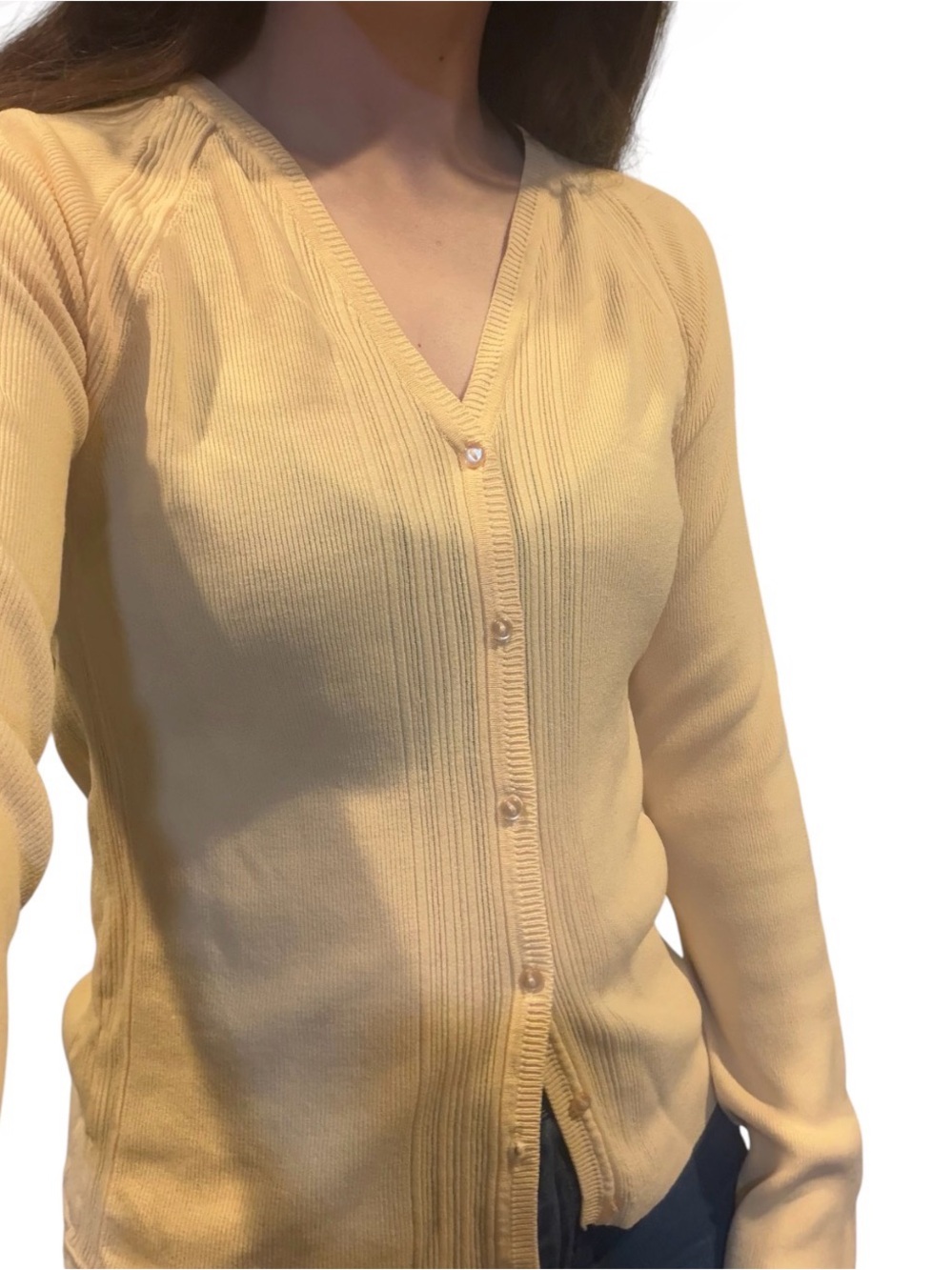 Finity Butter Yellow Ribbed Knit Button Front Cardigan Sweater Women’s